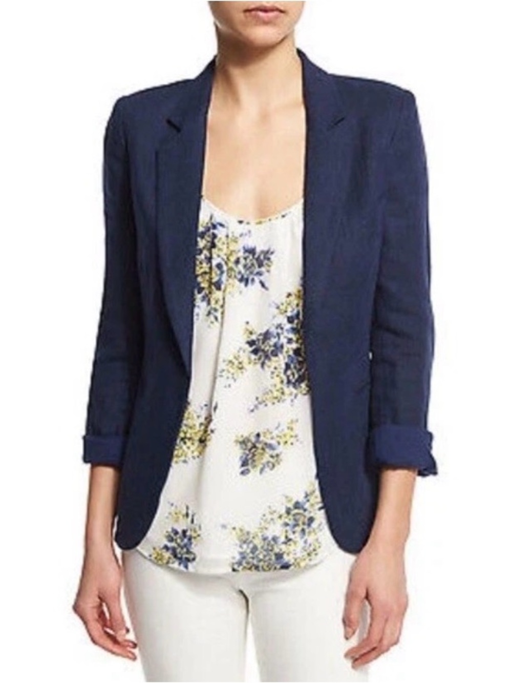 JOIE Mehira Navy 100% Linen Blazer Size 4 Open Front Lightweight Jacket